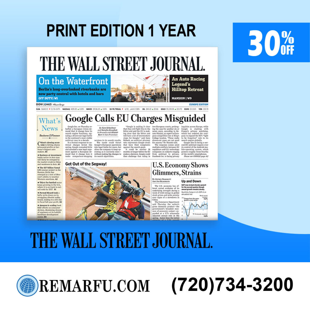 Wall Street Journal Print Edition Subscription for 1 Year at 30% Off